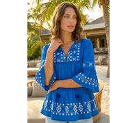 Roman Petite Contrast Print Pom Pom Top for Women UK - Ladies Everyday Holiday Spring Summer V-Neckline Comfy Soft Evening Vacation Work Party - Petite Blue - Size 14