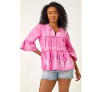 Roman Petite Contrast Print Pom Pom Top for Women UK - Ladies Everyday Holiday Spring Summer V-Neckline Comfy Soft Evening Vacation Work Party - Petite Pink - Size 12