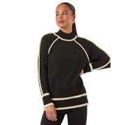 Roman Petite Contrast Ribbed Knit Jumper for Women UK - Ladies Everyday Autumn Winter High Neckline Comfy Soft Evening Vacation Work Party Night Out - Petite Black - Size 8