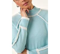 Roman Petite Contrast Ribbed Knit Jumper for Women UK - Ladies Everyday Autumn Winter High Neckline Comfy Soft Evening Vacation Work Party Night Out - Petite Blue - Size 14