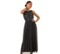 Roman Petite Contrast Sequin Mesh Dress In Black Black 18