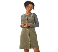 Roman Petite Corduroy Pinafore Button Dress for Women UK - Ladies Everyday Autumn Winter Round Neckline Comfy Soft Evening Vacation Work Party Night Out - Petite Khaki - Size 16