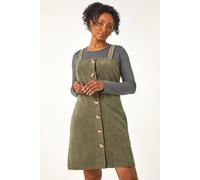 Roman Petite Corduroy Pinafore Button Dress for Women UK - Ladies Everyday Autumn Winter Round Neckline Comfy Soft Evening Vacation Work Party Night Out - Petite Khaki - Size 16