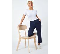 Roman Petite Cotton Blend Stretch Trousers for Women UK - Ladies Spring Everyday Summer Break Button Fastened Comfy Belt Loops Soft Side Pockets Pants Business Work Bottoms - Navy - Size 18