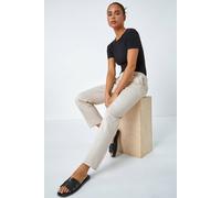 Roman Petite Cotton Blend Stretch Trousers for Women UK - Ladies Spring Everyday Summer Break Button Fastened Comfy Belt Loops Soft Side Pockets Pants Business Work Bottoms - Stone - Size 14