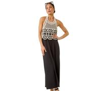 Roman Petite Crochet Contrast Maxi Dress for Women UK - Ladies Everyday Holiday Spring Summer Round Halter Neckline Comfy Soft Evening Vacation Work Party - Petite Black - Size 16