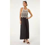 Roman Petite Crochet Contrast Maxi Dress for Women UK - Ladies Everyday Holiday Spring Summer Round Halter Neckline Comfy Soft Evening Vacation Work Party - Petite Black - Size 18