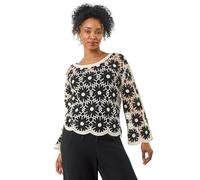 Roman Petite Crochet Floral Top for Women UK - Ladies Everyday Holiday Spring Summer Round Neckline Comfy Soft Evening Vacation Work Party - Petite Black - Size M