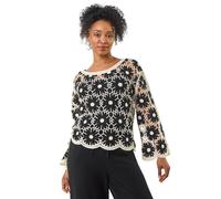 Roman Petite Crochet Floral Top for Women UK - Ladies Everyday Holiday Spring Summer Round Neckline Comfy Soft Evening Vacation Work Party - Petite Black - Size M