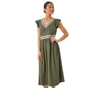 Roman Petite Crochet Trim Midi Dress for Women UK - Ladies Everyday Holiday Spring Summer V-Neckline Comfy Soft Evening Vacation Work Party - Petite Khaki - Size 16