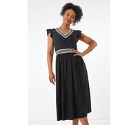 Roman Petite Crochet Trim Midi Dress In Black Black