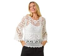 Roman Petite Crochet Tunic Top for Women UK - Ladies Everyday Holiday Spring Summer V-Neckline Comfy Soft Evening Vacation Work Party - Petite White - Size M