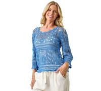 Roman Petite Crochet Tunic Top for Women UK - Ladies Everyday Holiday Spring Summer V-Neckline Comfy Soft Evening Vacation Work Party - Petite Blue - Size M
