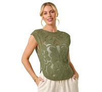 Roman Petite Curve Hem Crochet Top for Women UK - Ladies Everyday Holiday Spring Summer Round Neckline Comfy Soft Evening Vacation Work Party - Petite Khaki - Size M