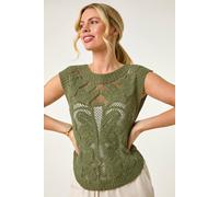 Roman Petite Curve Hem Crochet Top In Khaki Khaki M