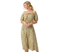 Roman Petite Ditsy Bardot Midi Dress for Women UK - Ladies Spring Everyday Summer Holiday Short Sleeve Soft Fit & Flare Comfy Tie Detail Frock Office Business Gowns - Khaki - Size 18