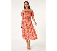Roman Petite Ditsy Bardot Midi Dress for Women UK - Ladies Spring Everyday Summer Holiday Short Sleeve Soft Fit & Flare Comfy Tie Detail Frock Office Business Gowns - Coral - Size 12