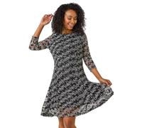 Roman Originals Petite Ditsy Floral Print Dress for Women UK - Ladies Everyday Holiday Autumn Winter Pull-On Round Neck 3/4 Sleeves Comfy Soft Evening Vacation Work Party - Black - Size 12