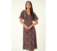 Roman Petite Ditsy Floral Print Midi Dress In Black Black 14