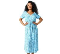 Roman Petite Ditsy Floral Stretch Midi Dress for Women UK - Ladies Everyday Holiday Spring Summer V Neckline Comfy Soft Evening Vacation Work Party - Blue - Size 14