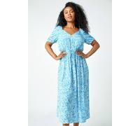 Roman Petite Ditsy Floral Stretch Midi Dress for Women UK - Ladies Everyday Holiday Spring Summer V Neckline Comfy Soft Evening Vacation Work Party - Blue - Size 14