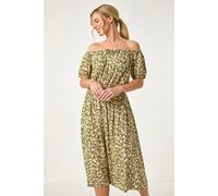 Roman Petite Ditsy Bardot Midi Dress for Women UK - Ladies Spring Everyday Summer Holiday Short Sleeve Soft Fit & Flare Comfy Tie Detail Frock Office Business Gowns - Khaki - Size 18