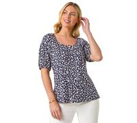 Roman Petite Ditsy Print Button Front Top for Women UK - Ladies Everyday Holiday Spring Summer Round Neckline Comfy Soft Evening Vacation Work Party - Petite Navy - Size 16