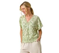 Roman Petite Ditsy Print Crinkle Blouson Top for Women UK - Ladies Spring Everyday Summer Holiday V-Neckline Comfy Short Sleeve Soft Stretch Fabric Shirt Day Out Blouses - Petite Sage - Size 18