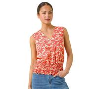 Roman Petite Ditsy Print Shirred Blouson Top for Women UK - Ladies Spring Everyday Summer Holiday V-Neckline Comfy Sleeveless Soft Lightweight Shirt Office Business Blouses - Coral - Size 18