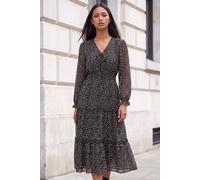 Roman Petite Ditsy Tiered Midi Dress In Black Black