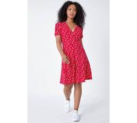 Roman Originals Floral Print V-Neck Wrap Stretch Dress for Women UK - Ladies Everyday Holiday Spring Summer V-Neckline Comfy Soft Evening Vacation Work Party - Petite Red Ivory - Size 14