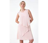 Roman Petite Embellished Tiered Shift Dress for Women UK - Ladies Autumn Everyday Winter Holiday Round Neckline Comfy Sleeveless Soft Knee Length Frock Night Out Gowns - Petite Baby Pink - Size 10