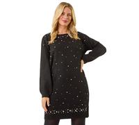 Roman Petite Embellished Knit Dress for Women UK - Ladies Everyday Autumn Winter Round Neckline Comfy Soft Evening Vacation Work Party Night Out - Petite Black - Size 12