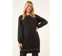 Roman Petite Embellished Knit Dress for Women UK - Ladies Everyday Autumn Winter Round Neckline Comfy Soft Evening Vacation Work Party Night Out - Petite Black - Size 12