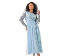 Roman Petite Embellished Mesh Dress for Women UK - Ladies Everyday Holiday Spring Summer Round Neckline Comfy Soft Evening Vacation Work Party - Petite Blue - Size 12