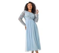 Roman Petite Embellished Mesh Dress for Women UK - Ladies Everyday Holiday Spring Summer Round Neckline Comfy Soft Evening Vacation Work Party - Petite Blue - Size 12