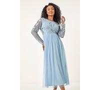 Roman Petite Embellished Mesh Dress In Blue Blue