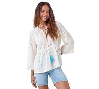 Roman Petite Embroidered Cotton Smock Top for Women UK - Ladies Everyday Holiday Spring Summer V-Neckline Comfy Soft Evening Vacation Work Party - Ivory - Size 16