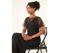 Roman Petite Embroidered Mesh Layered Dress In Black Black