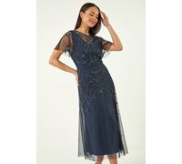 Roman Petite Embroidered Mesh Layered Dress In Navy Navy