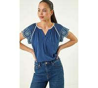Roman Petite Embroidered V-Neck Top In Navy Navy