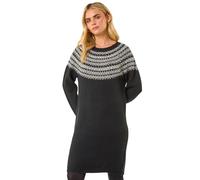 Roman Petite Fairisle Knit Jumper Dress for Women UK - Ladies Autumn Everyday Winter Holiday Round Neckline Comfy Long Sleeve Soft Knee Length Frock Office Desk Gowns - Black - Size 12