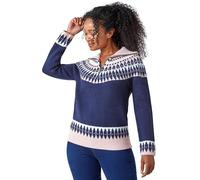 Roman Petite Fairisle Zip Detail Jumper for Women UK - Ladies Autumn Everyday Winter Holiday Long Sleeve Warm Ribbed Knit Comfy Soft Feel Top Daywear Sweaters - Navy - Size 16