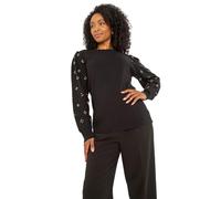 Roman Petite Faux Pearl Contrast Cable Knit Jumper for Women UK - Ladies Everyday Autumn Winter Round Neckline Comfy Soft Evening Vacation Work Party Night Out - Petite Black - Size 16