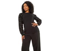 Roman Petite Faux Pearl Contrast Cable Knit Jumper for Women UK - Ladies Everyday Autumn Winter Round Neckline Comfy Soft Evening Vacation Work Party Night Out - Petite Black - Size 12