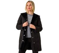 Roman Petite Faux Sheepskin Reversible Hooded Coat for Women UK - Ladies Autumn Everyday Winter Holiday Long Sleeve Soft Pocket Details Comfy Relaxed Fit Office Desk Jackets - Petite Black - Size 18