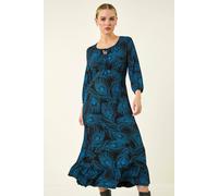 Roman Women's Petite Feather Print Keyhole Midi Dress in Blue | Size: 12 Roman Blue 12