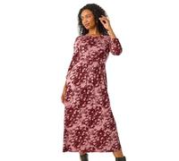 Roman Petite Floral Abstract Stretch Midi Dress for Women UK - Ladies Everyday Autumn Winter Round Neckline Comfy Soft Evening Vacation Work Party Night Out - Petite Wine - Size 14