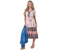 Roman Originals Shirred Waist Dress for Women UK Ladies Midi Maxi Summer Spring Tiered Frill Hem Empire Waist Short Sleeve V Neck Gathered Skirt Bohemian Holiday - Petite Light Pink - Size 12