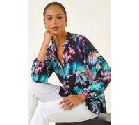 Roman Petite Abstract Buttoned Blouse for Women UK - Ladies Everyday Autumn Winter Nehru Collar Comfy Soft Evening Vacation Work Party Night Out - Petite Navy - Size 12